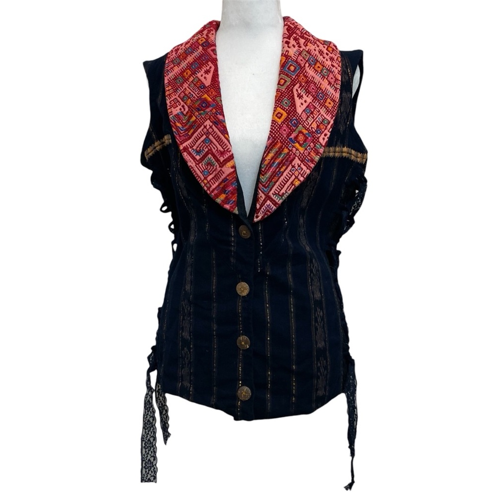 Global Just Designs Vintage Y2K Cotton Blue Metallic Gold Lotus Embroidered Vest